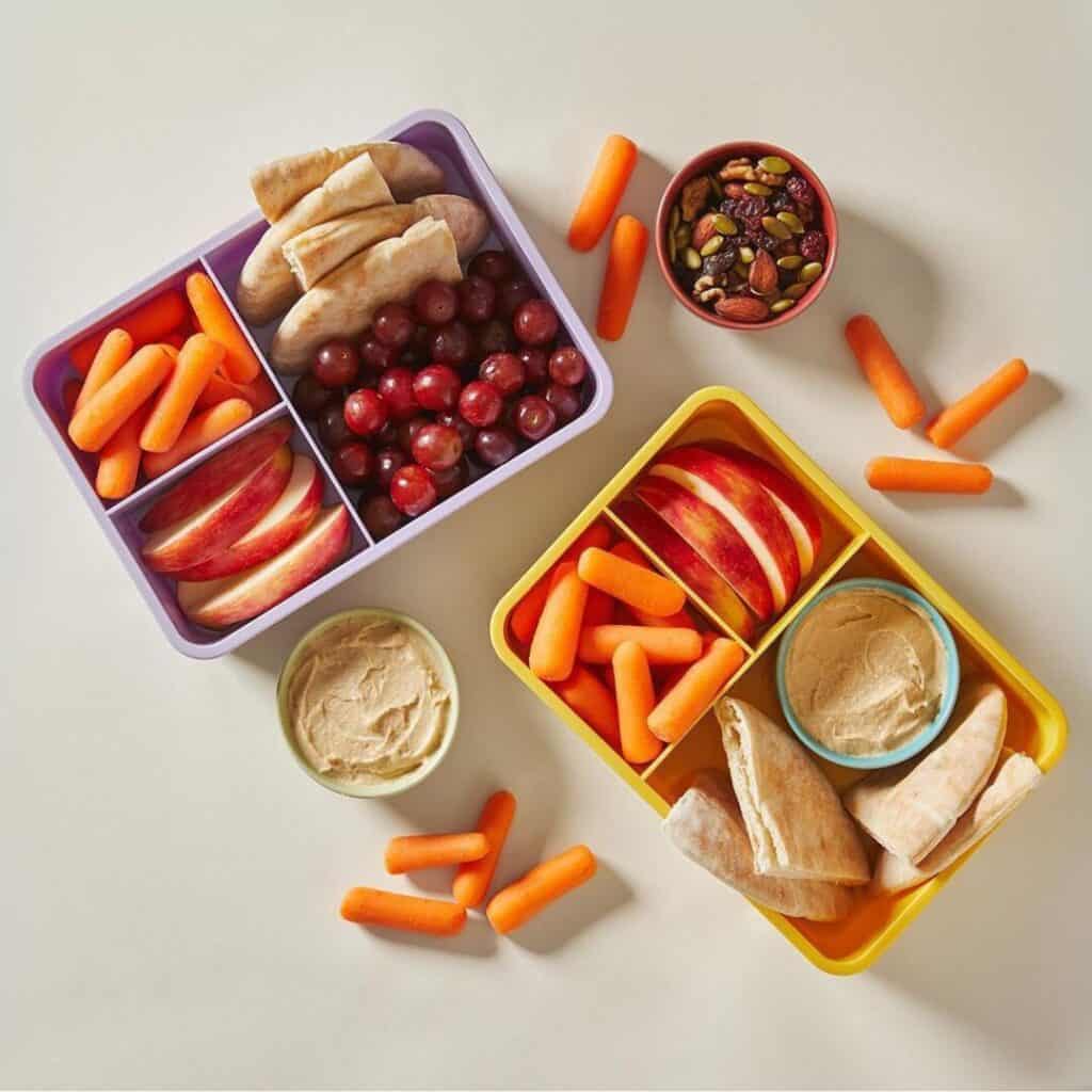 Two colorful school lunchboxes filled with baby carrots, pita bread, hummus, apple slices and grapes, with trail mix nearby.