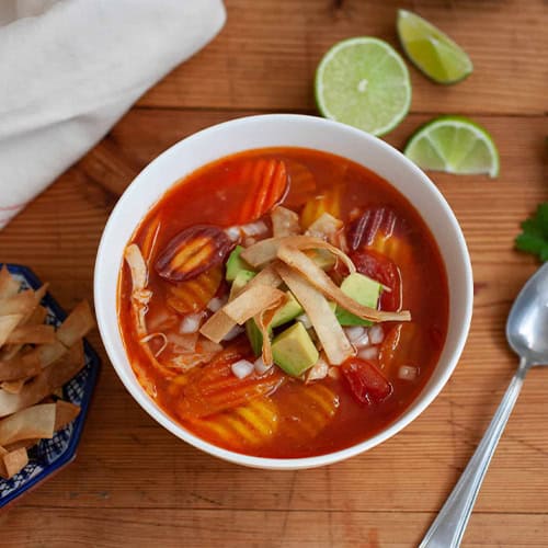 chicken tortilla soup made with rainbow carrot chips