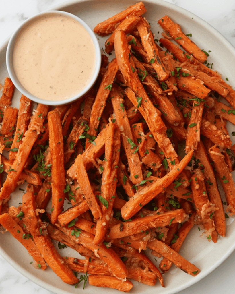 Parmesan roasted carrot fries topped with chopped herbs and served with creamy dipping sauce.